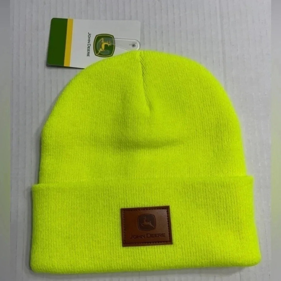 John Deere Men’s Beanie Cuffed Stocking Cap Hat Leather Patch‎ Yellow - Picture 2 of 6